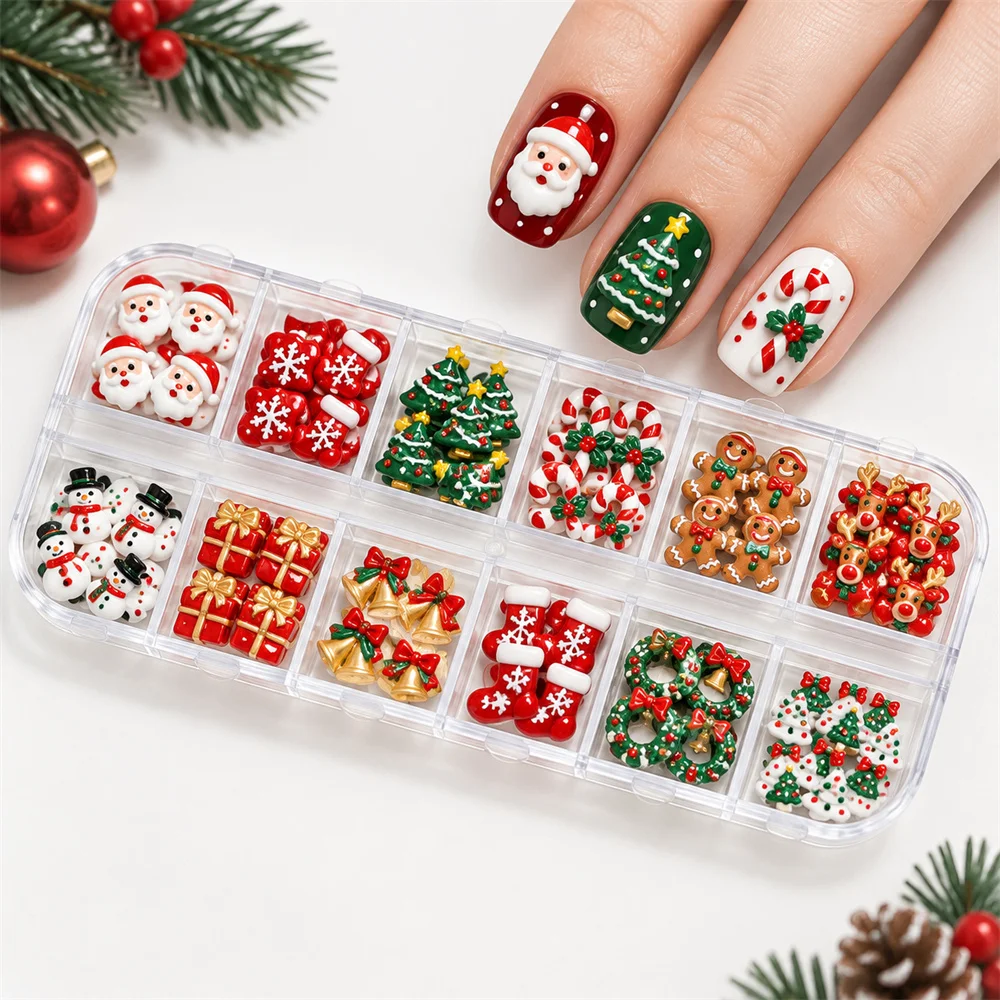 12Grids Dreamy Nail Art Charms Bell Sleigh Shiny Gingerbread Man 3D Acrylic Decorations Manicure Decorations Accessory Set