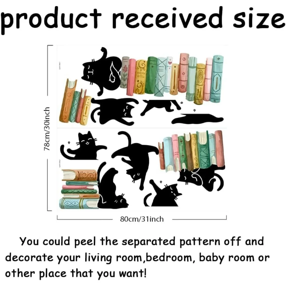 Reading Theme Wall Decal Yoga Cat Wall Sticker Black Cats on The Books Peel and Stick Art Decoration for Classroom Kid's