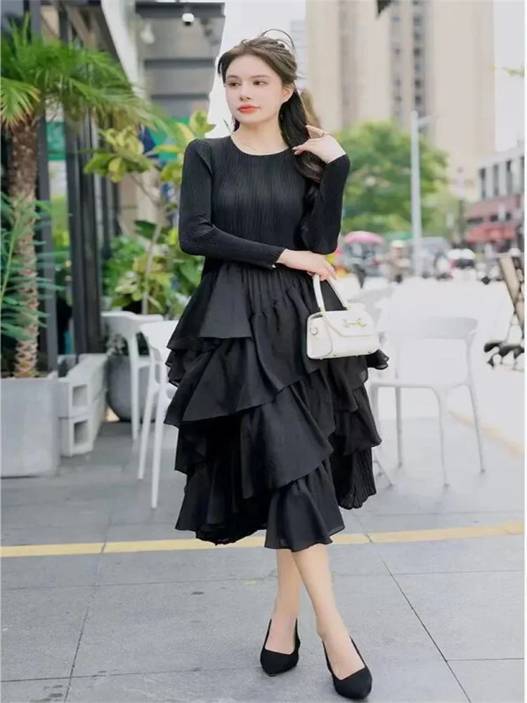 

Miyake Women Irregular Ruffle Maxi Dress 2023 Summer New Mid Long Sleeve Loose Round Neck Casual Party Dresses