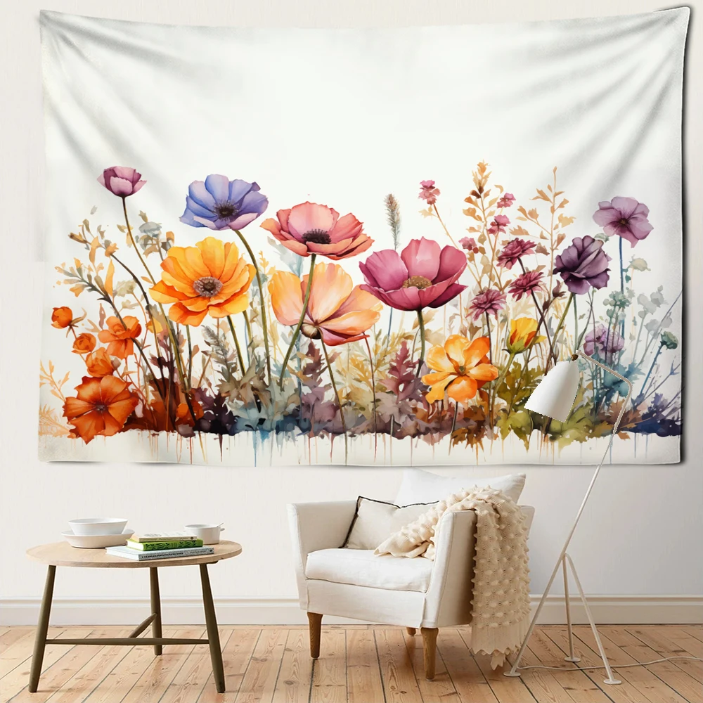 Colorful Ink Wash Floral Tapestry Wall Hanging Abstract And Minimalist Art Plant Bohemian Hippie Bedroom Living Room Home Decor