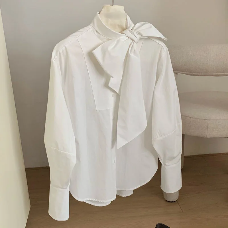 

Elegant Lady British Style Design White Ribbon Bow Shirt Women Slim Fit2025Spring and Autumn New