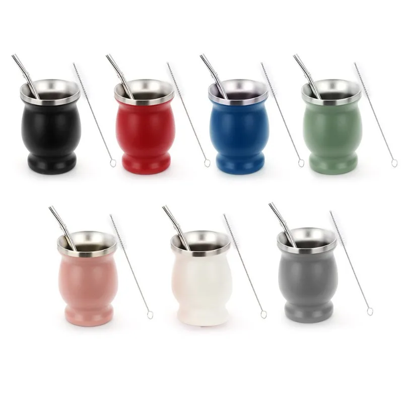 8oz Mate Cup Stainless Steel Straw Cups with Bombillas and Cleaning Brush Anti Scalding Insulated Cup Home Teaware