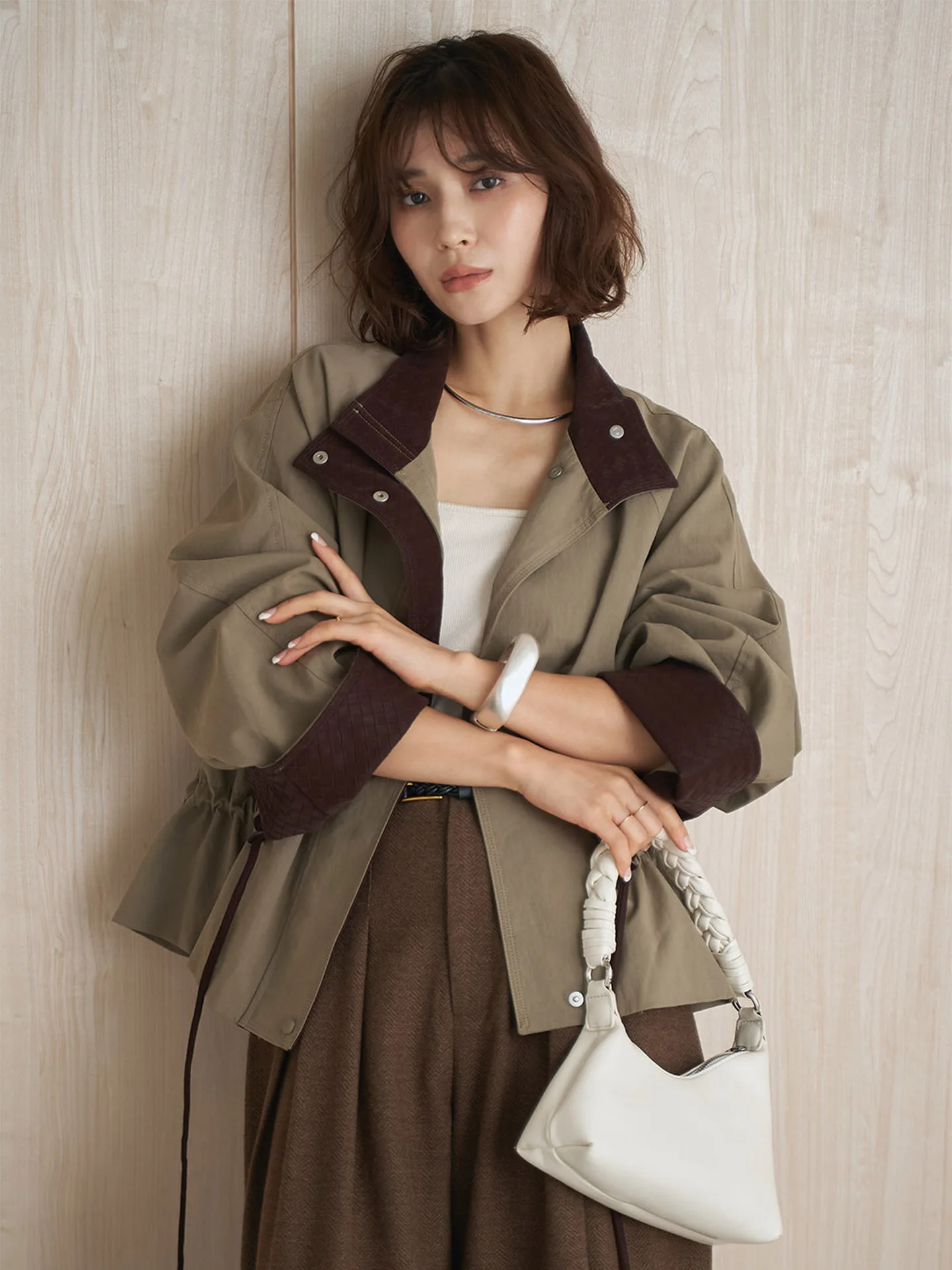 Khaki Short Coat Jacket Women's Loose Fit Autumn New Design Sensation Commute Polyester Fiber Long Sleeve Business Shirt