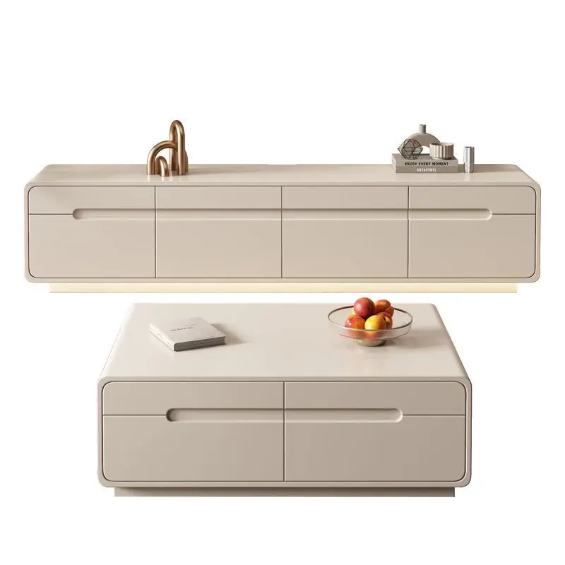 

TV cabinet coffee table combination floor-to-ceiling living room white light luxury home Nordic minimalist atmosphere
