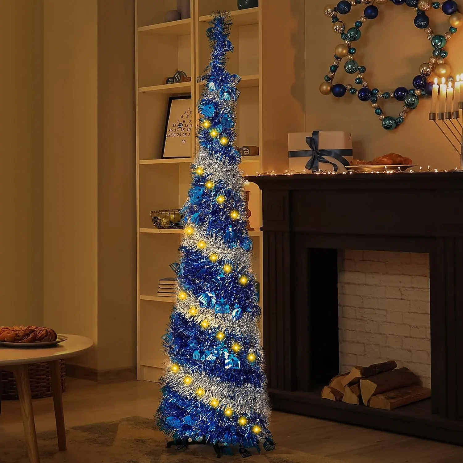 

5FT Pop-up Hanukkah Tree with 50 Lights, Tinsel Pencil Tree, Menorah Star of David Decor for Indoor Outdoor Use