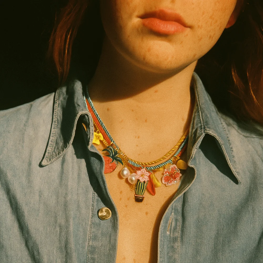 

Personality Ethnic Style Flower Pendant Necklace Fruit Strawberry Nylon Rope Necklace Cactus Resin Multi Layer Necklace Girls
