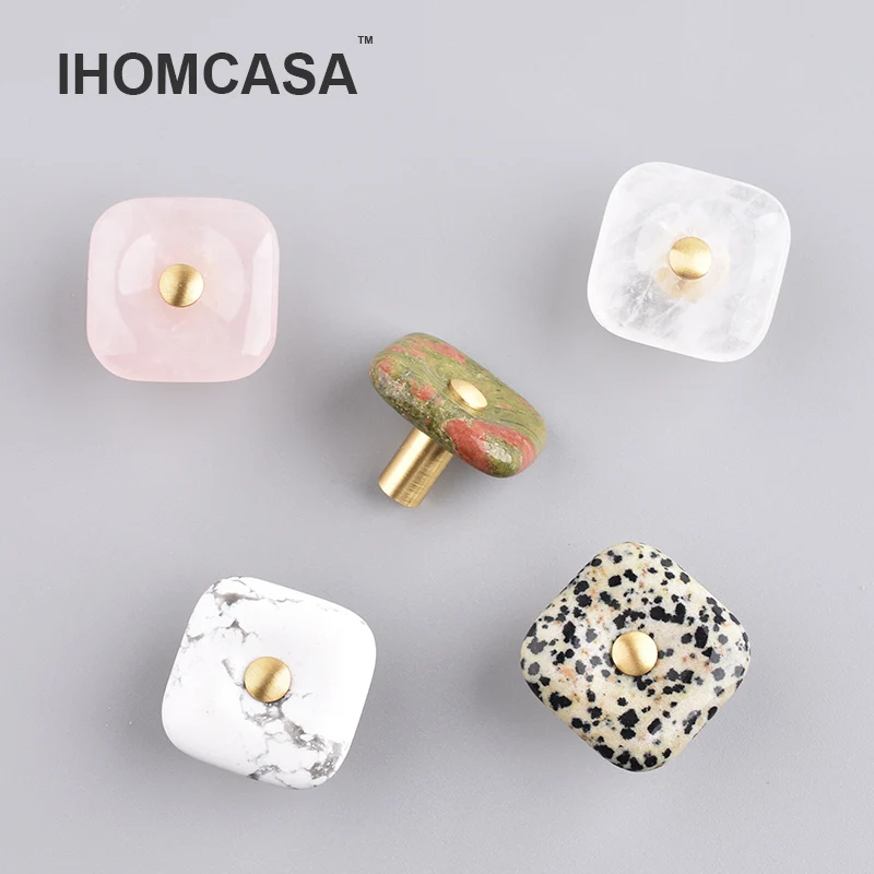 IHOMCASA Nordic Drawer Knob Square Agate Furniture Handle Brass Kitchen Cabinet Pulls Wardrobe Cupboard Dresser Door Knob Golden