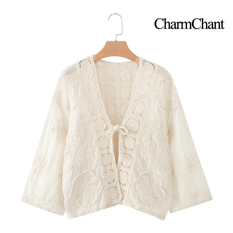 CHARMCHANT Women's V Neck Blouse Tie Floral Crochet Lace Cropped Cardigan Hollow Out Boho Cover Up Vintage Blouse Spring 2026