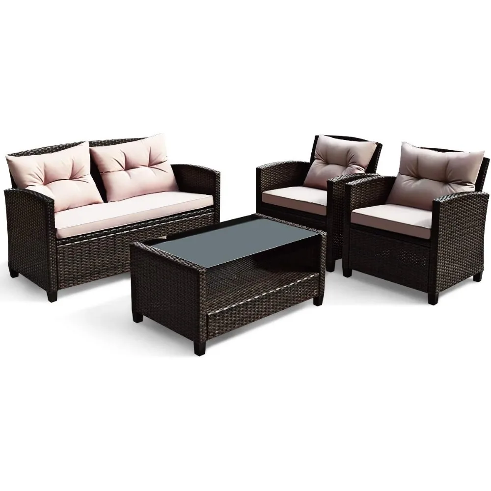 

4-Piece Patio Conversation Set Rattan Wicker Chair Furniture Set with 1 Loveseat, 2 Single Sofas, 1 Coffee Table, Outdoor Indoo