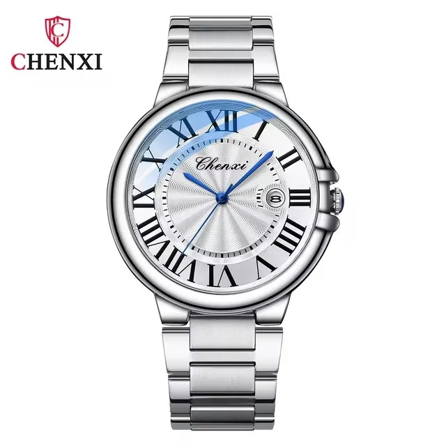 CHENXI 039 jam tangan kuarsa pasangan jam tangan perak baja tahan karat mode mewah untuk pria wanita hadiah