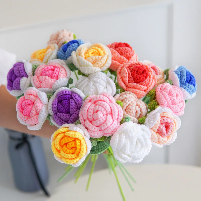 Artificial rose sunflowers Tulip carnations Finished Knitted Crochet Bouquets Gifts For Valentine Mothers Birthday Graduation