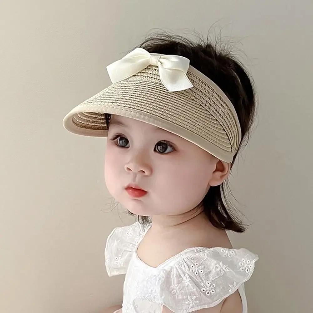 

Breathable Korean Baby Straw Caps Empty Top Anti-UV Bow Straw Hat Sun Protection Wide Brim Visor Cap Girls