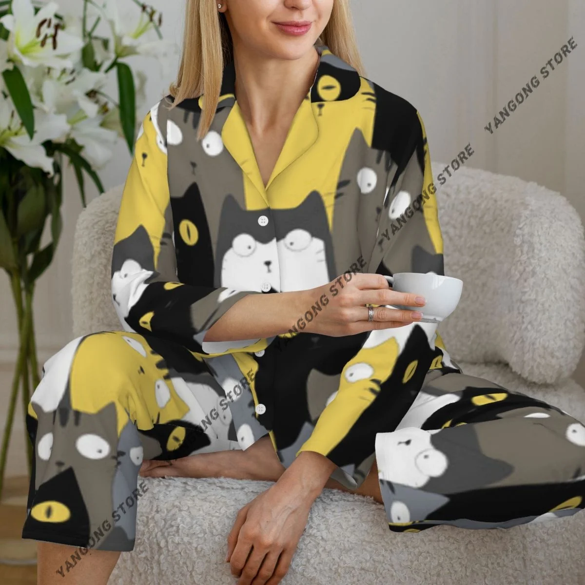 Spring and Autumn Long Sleeve Pants Pajamas Loungewear Set Cute Cats Women's Pull Edge Loose Sleeping Suit