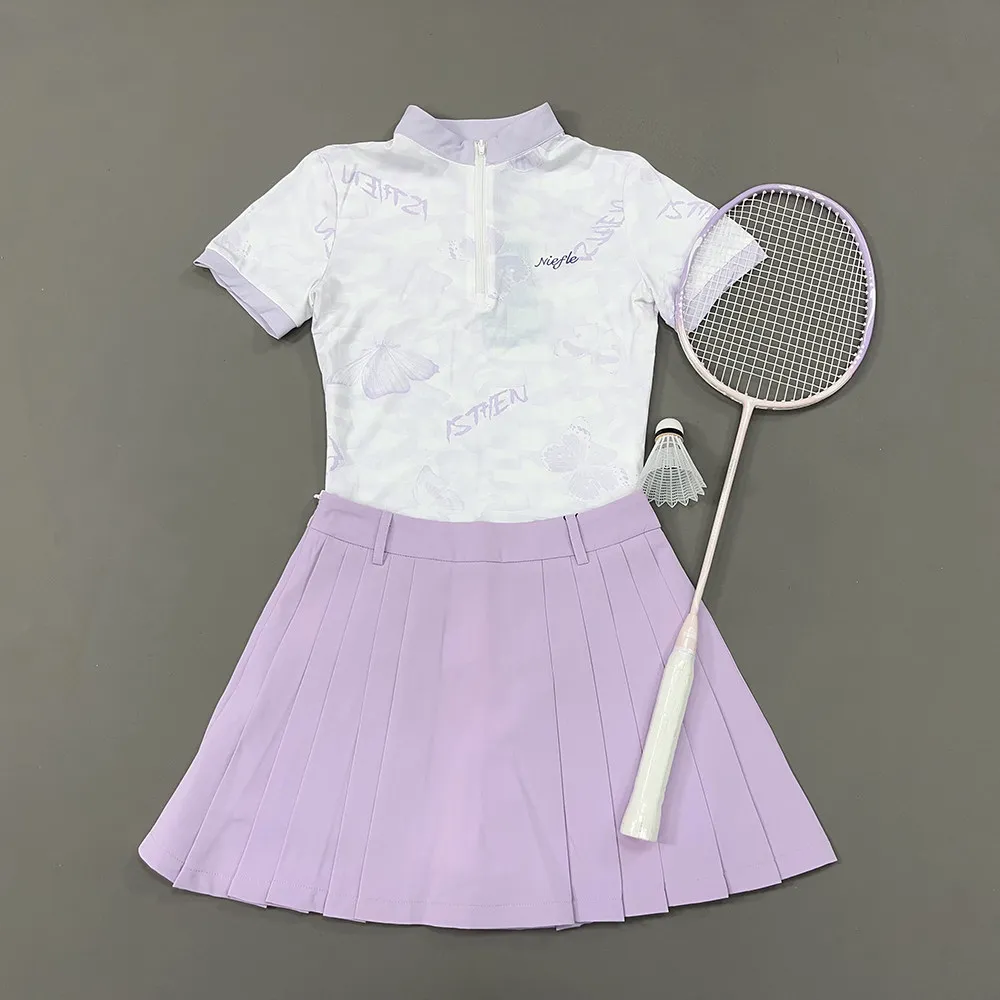 Niefle Summer Golf Polo Shirt Short Sleeve Printed T-shirt Quick Dry Zip Collar Top High Waist Pleated Skirts Golf Tennis Skort