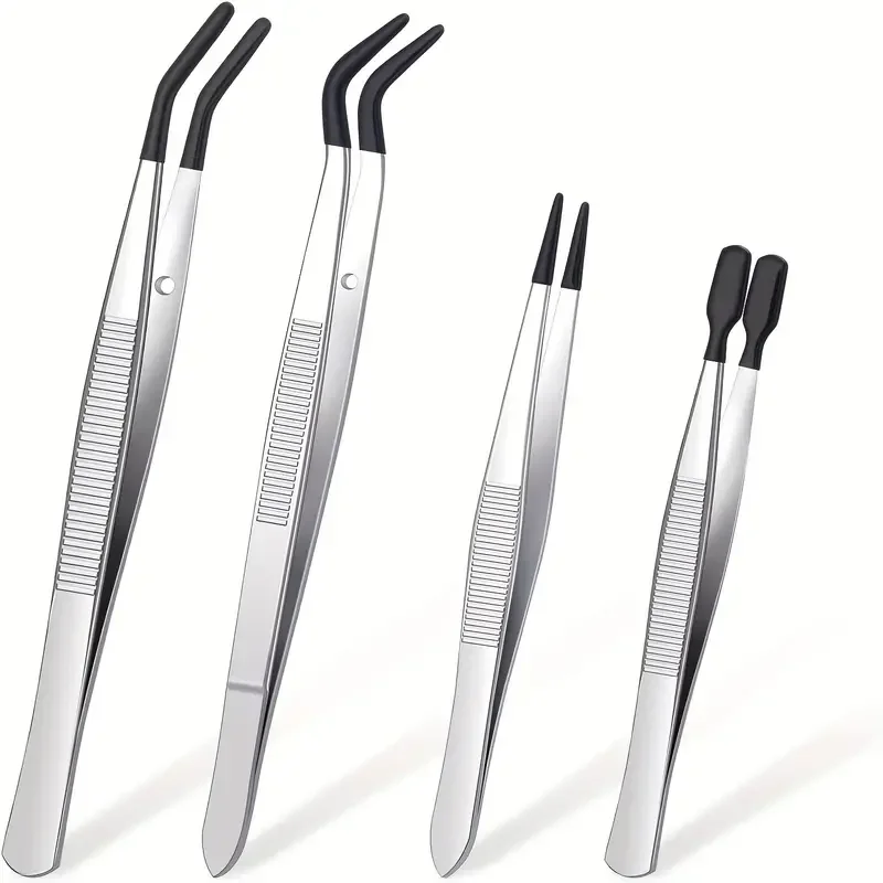 1/4 Stück Pinzette mit Gummispitzen, Pinzette aus Gummi, PVC, silikonbeschichtet, nicht beschädigend, Pinzette mit flacher Spitze, Pinzette mit gebogener Spitze – Detail 1