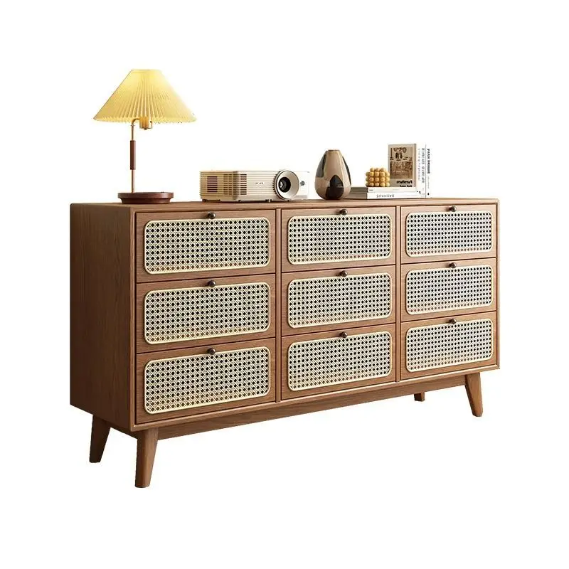 

French retro, solid wood nine-chest bedroom, multi-functional drawer cabinet, medieval storage, rattan cabinet