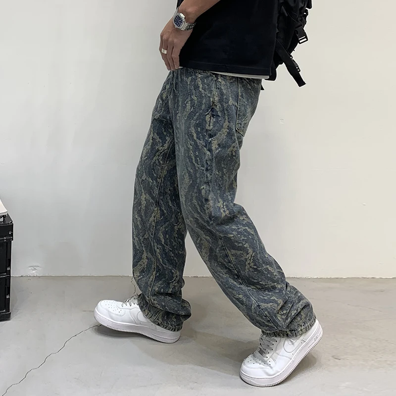 Pantalones vaqueros con estampado de Jacquard para hombre, pantalón holgado y recto de pierna ancha, estilo Hip Hop americano