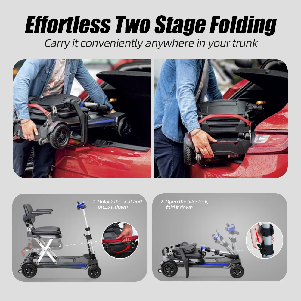 Aluminum Alloy Frame Folding Design Electric Mobility Scooter 4 Wheel Lightweight Portable for Seniors Adults Powered Wheelchair