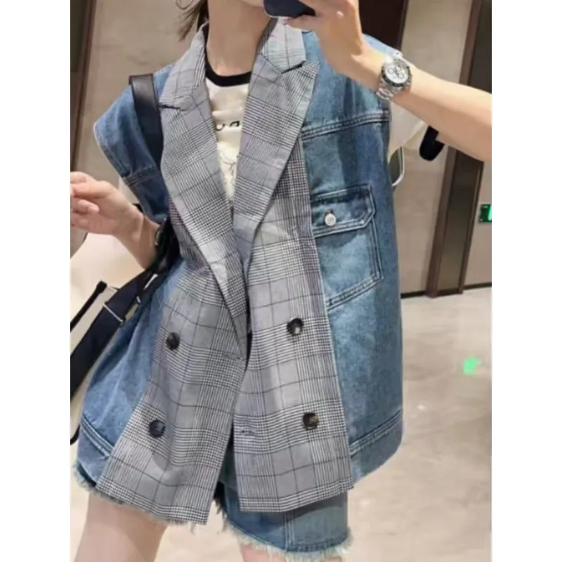 

Krismile сращенные клетчатые жилеты женские 2026 свободный крой без рукавов рабочие деловые двубортные карманы повседневные куртки 193921