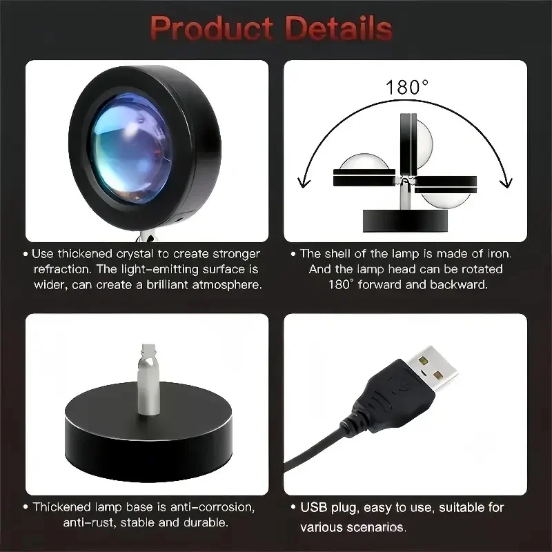 ضوء عرض USB Sunset - مصباح جداري وسقف بألوان قوس قزح، يتميز بـ 180 °   تصميم آرت ديكو الدوار، تشطيب معدني، وأداة ضبط