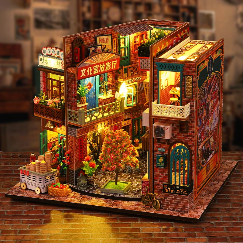 Kit modello in miniatura in legno fai-da-te cinese antico Street View Casa 3D Puzzle Casa delle bambole con luci mobili per regali di amici