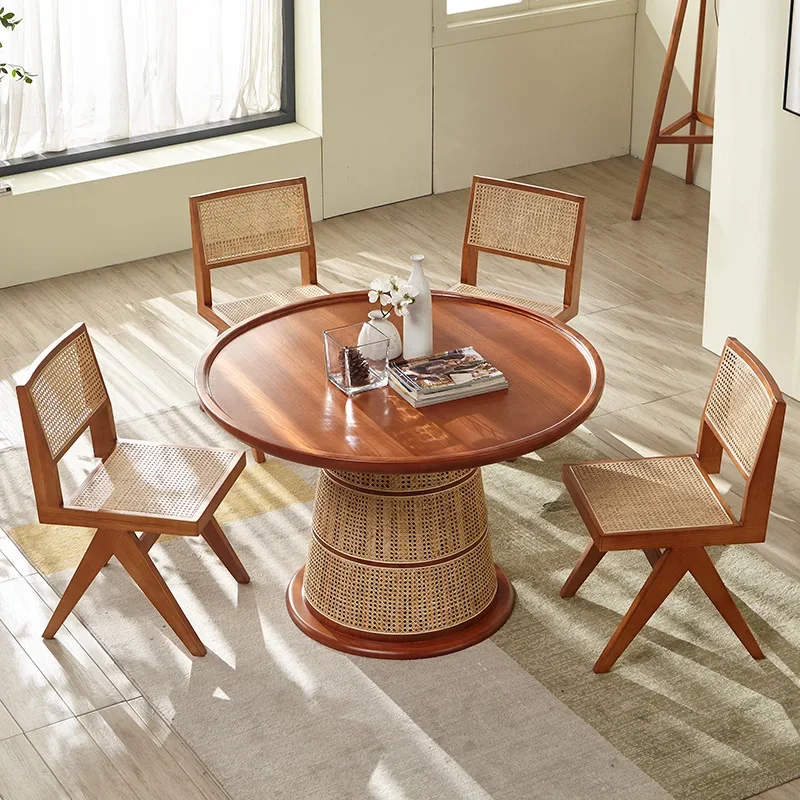 #Japanese-Style Wabi-Sabi Solid Wood Rattan-Woven Round Dining Table and Chair Set with Natural Timber Finish