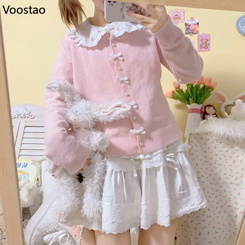 Autumn Japanese Kawaii Girls Lolita Knitted Cardigan Sweet Cute Pearl Bow Pink Sweater Tops Women Harajuku O-Neck Knitwear Coat