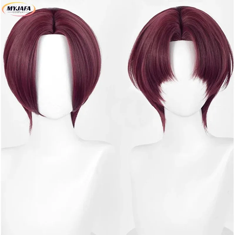 

2025 Hayato Suo Cosplay Anime Short Dark Brown Red Heat Resistant Synthetic Hair Halloween Party Wigs + Wig Cap
