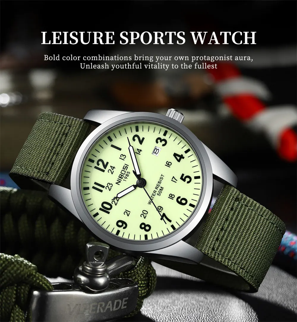 NIBOSI Unisex Military Watches Sport Textile Nylon Strap Stylish Men Watch Luminous Fashion Waterproof Analog Quartz Watches