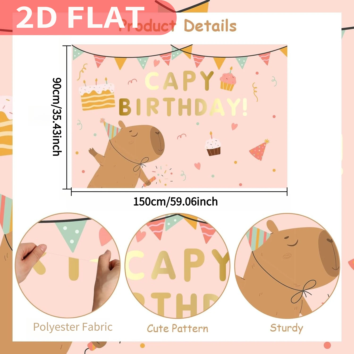 1 telón de fondo de cumpleaños con tema de Capy rosa, póster de fondo de capibara de dibujos animados para cumpleaños, diseño festivo, decoración de fiesta de cumpleaños