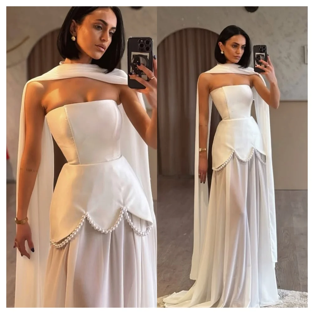 Customized  Graceful White Tulle Evening Dress Fashion Strapless Sleeveless Party Dress High Quality Chapel Train Prom image 3