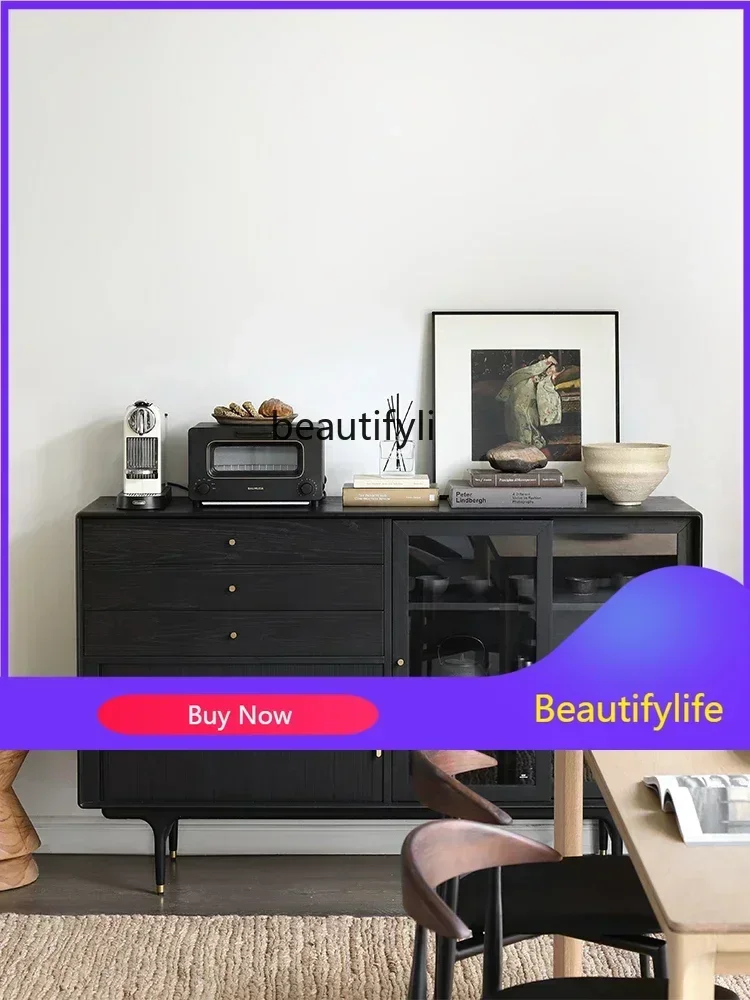 

zJModern Minimalist Nordic Retro Solid Wood Industrial Glass Sliding Door Solid Wood Sideboard living room furniture