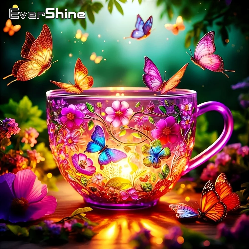 Evershine Diamant-Stickerei Landschafts-Strassbild Mosaik Teetasse Vollflächiges Gemälde Schmetterling Heimdekoration