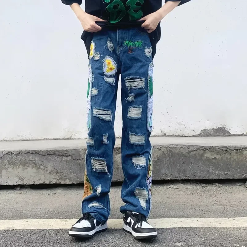 Ropa Grunge Y2K para Hombre, pantalones vaqueros rasgados y holgados, con bordado de parche, estilo Hip Hop, 2023