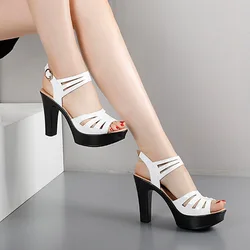 Narrow Band Summer High Heels Sandals Women Soft Leather Peep Toe Shoes Platform Woman Hollow Sandals Fashion Party Ladies Shoe