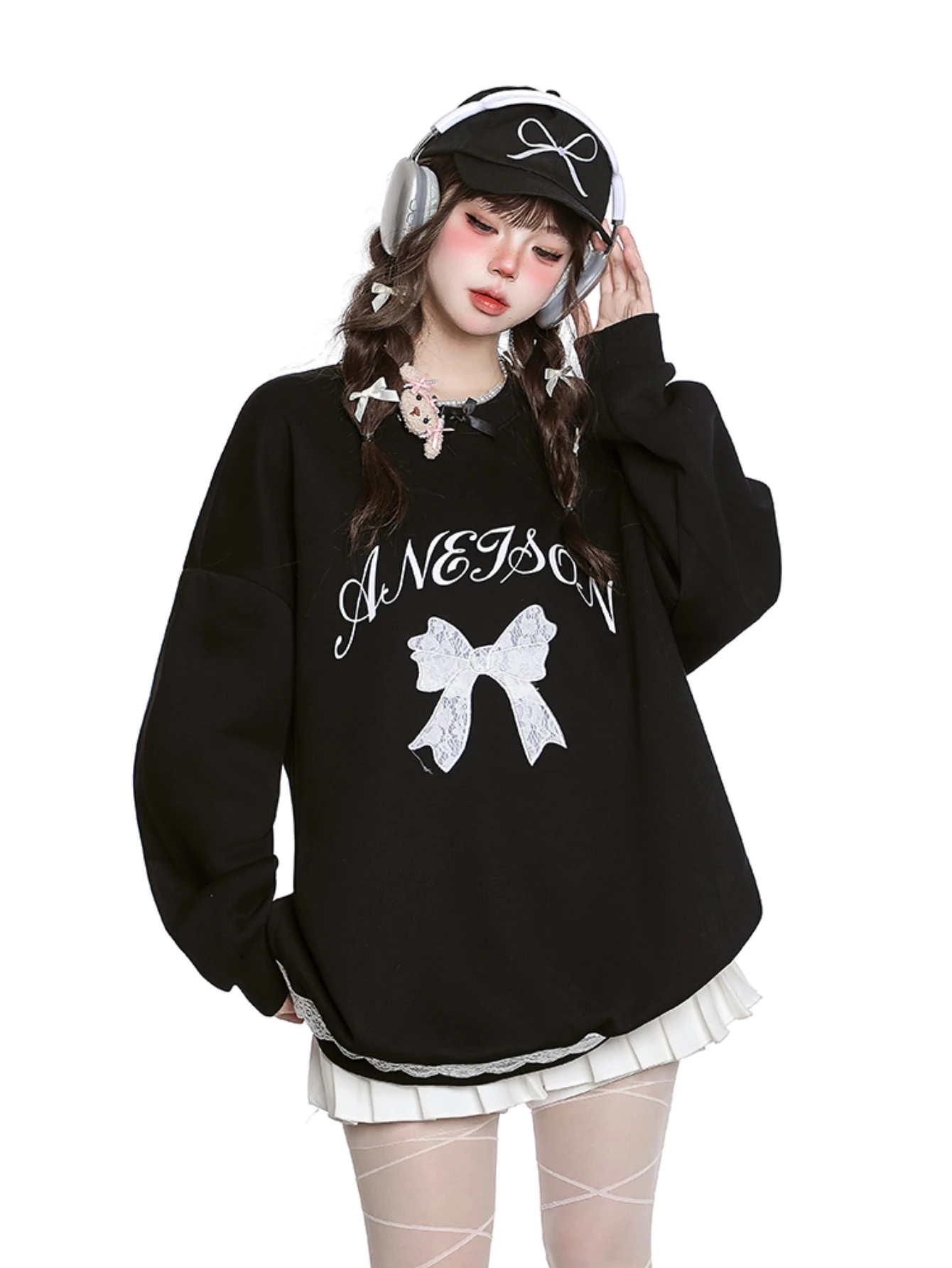 Grey Big Bow Embroidered Crew Neck Women Clothing Spring New Korean Loose Comfortable Sports Style Long-sleeved Pullover Top