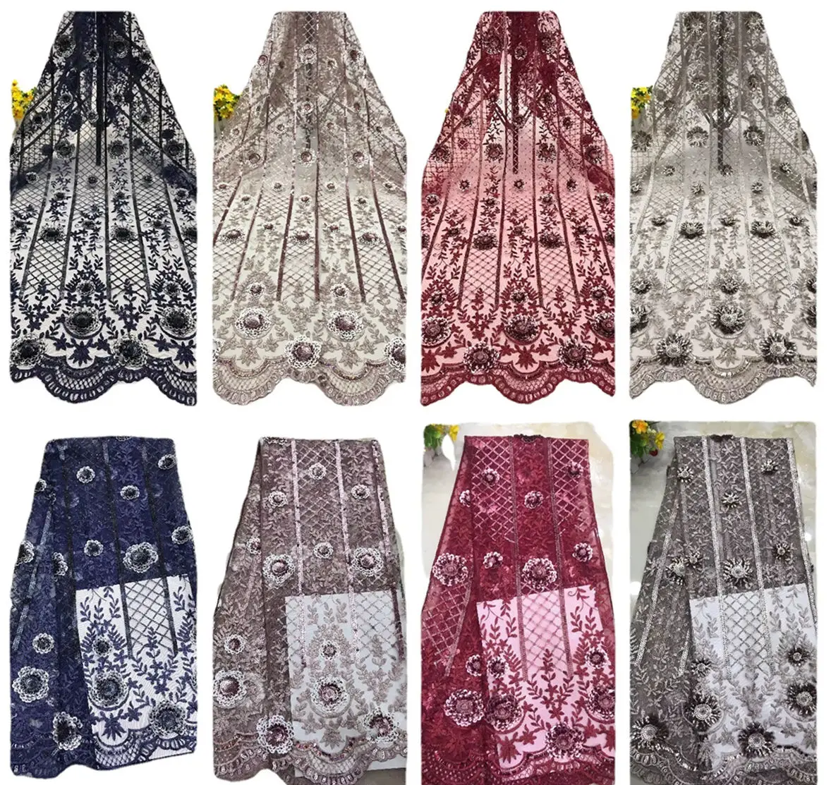 5M CurvedPetal Sequin Rhinestone EmbroideryLace Fabric,Beaded Floral Tulle for WeddingEvening Dress Luxury Women GarmentMaterial
