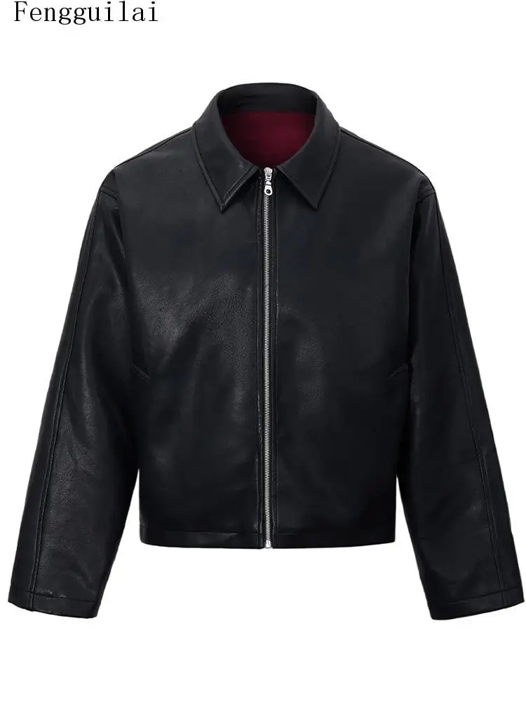 Ladies Classic Lapel PU Leather Jacket Zip Up Long Sleeve Minimalist Cropped Coat Autumn Daily Outerwear