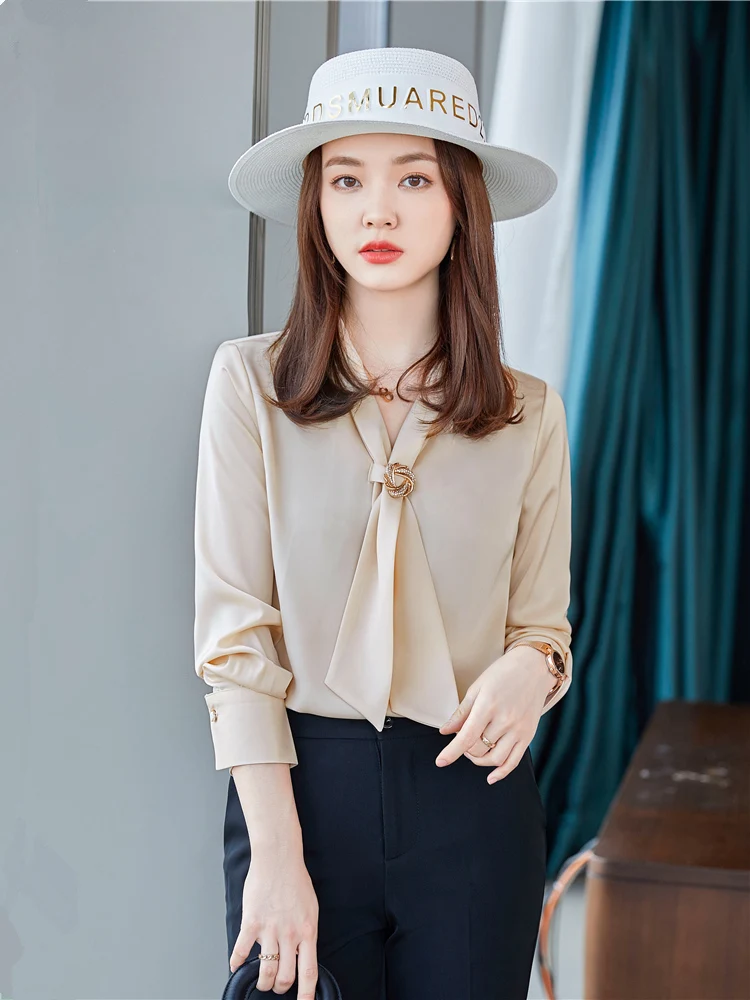 Women Single Breasted ButtonMonochromatic V Collar Top Elegant Khaki Blouse Office Wear Lady Work Wear Spring Autumn