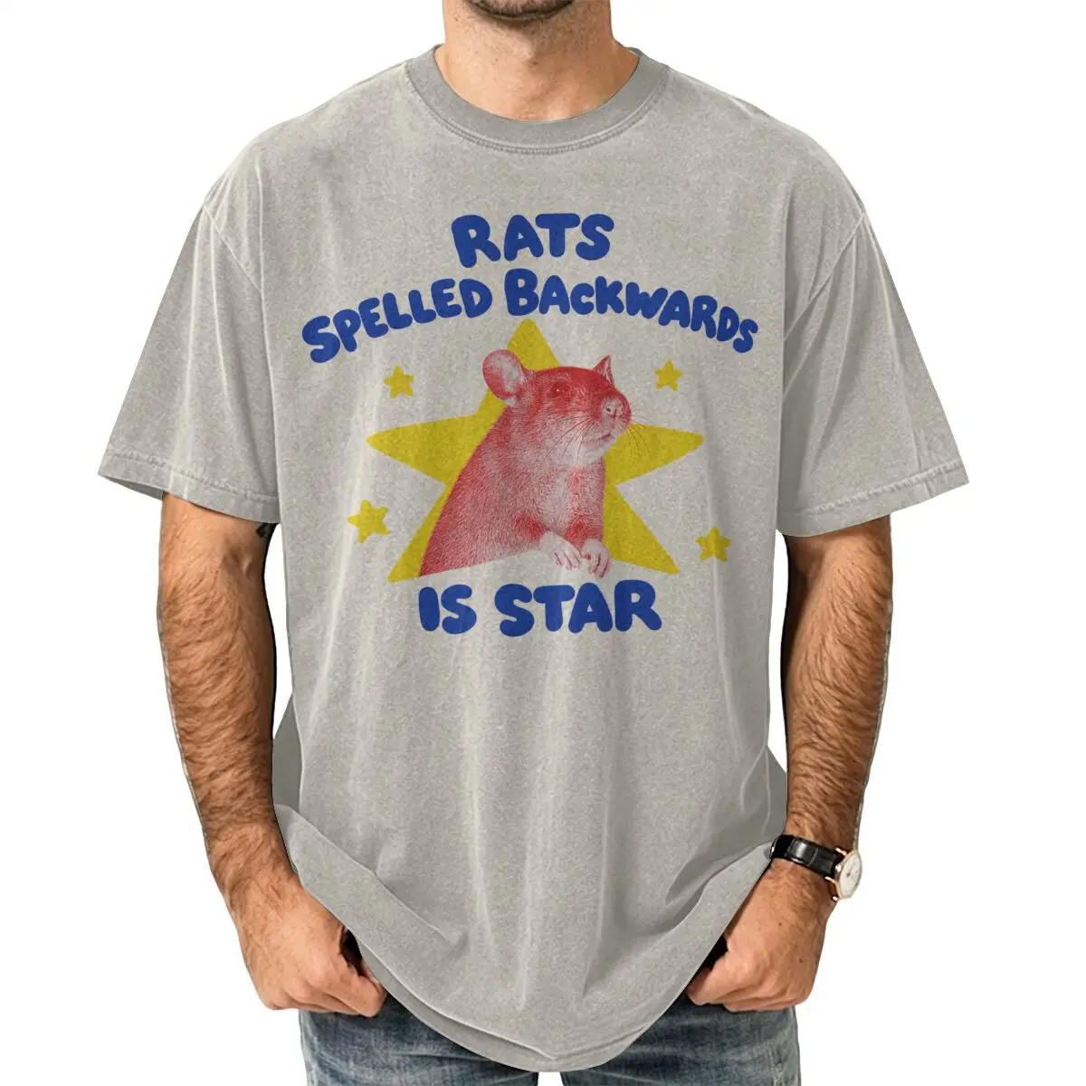 Funny Rats Shined Back Star Graphic T Shirt Retro Wash Printed Casual Short Sleeve 100% Cotton Top for Men Women