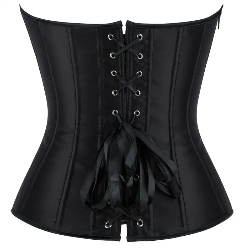 Women's Overbust Corset Tops Black Satin Gothic Lace-up Boned Bustier Shapewear Slimming Waist Shaping Korset