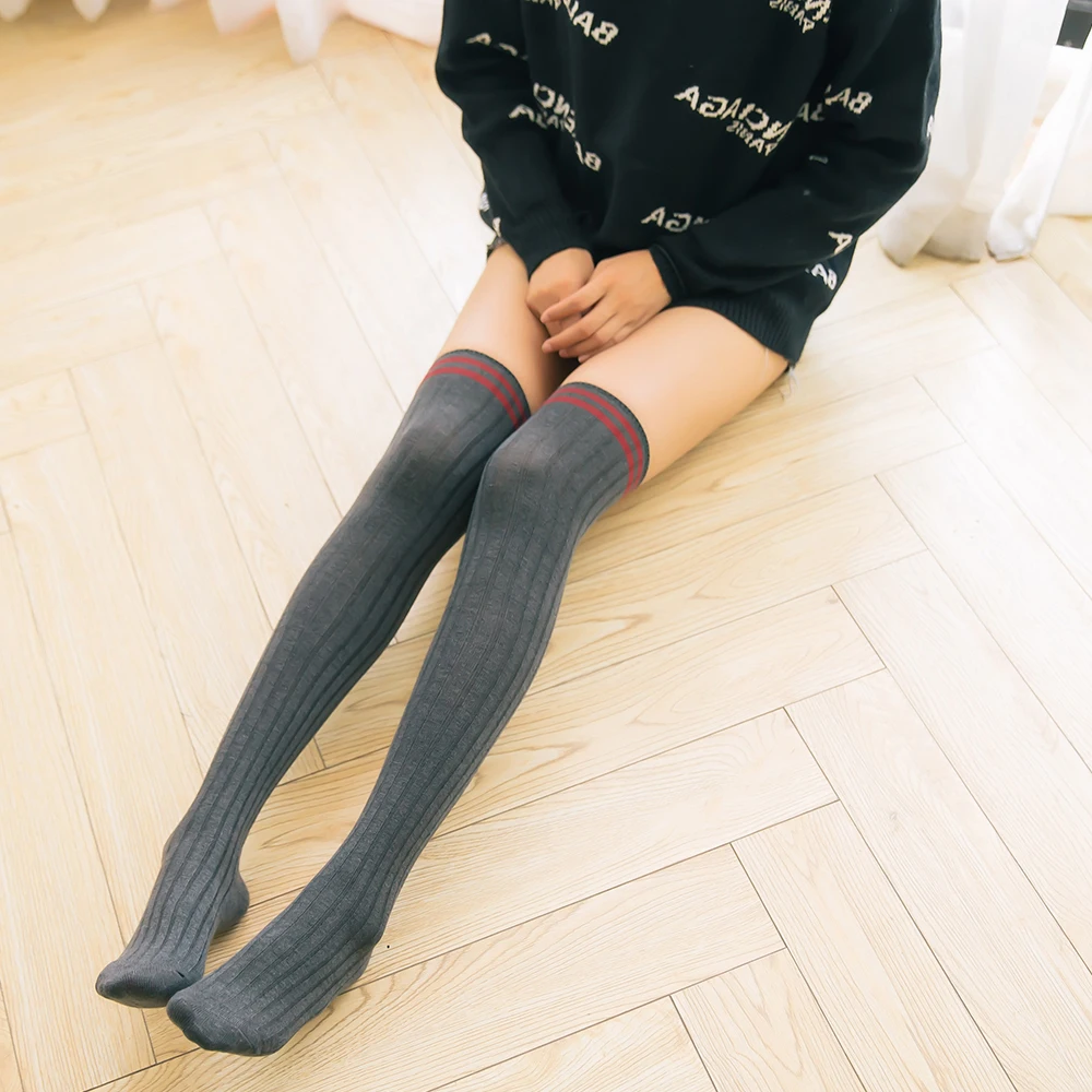 Women\'s Socks Spring, Summer, Autumn And Winter Long Tube Over The Knee Socks Two Bars College Style Casual Fashion Cotton Socks