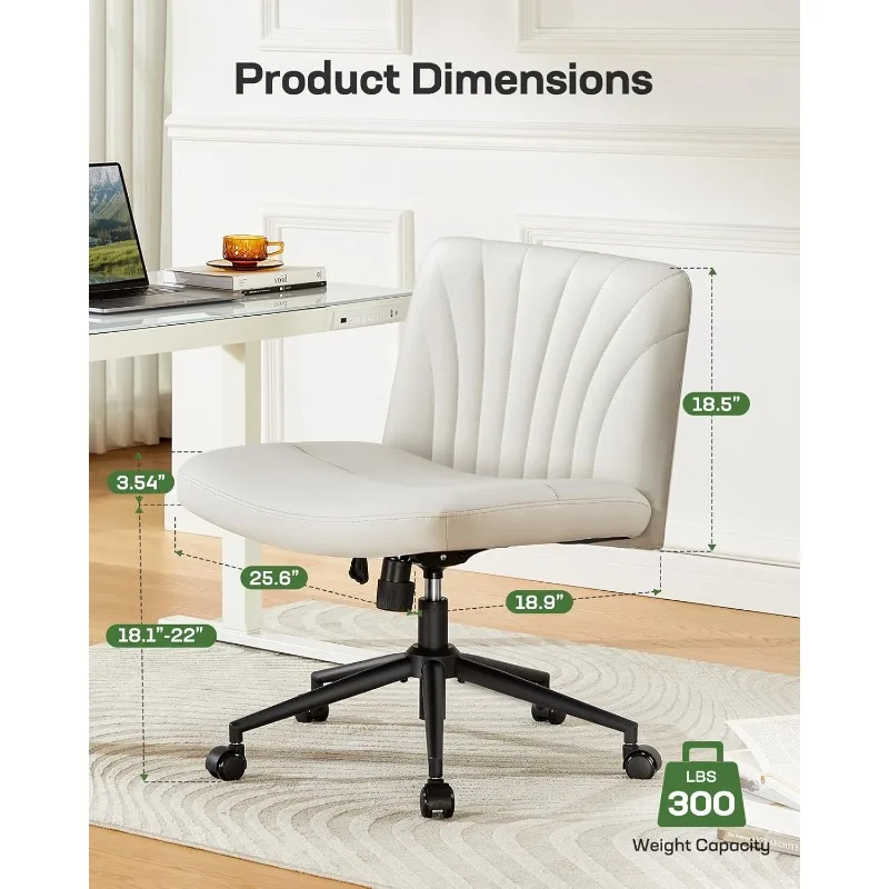 

Criss Cross Chair with Wheels: PU Leather Cross Legged Office Chair Wide Armless Desk Chair Swivel Height Adjustable