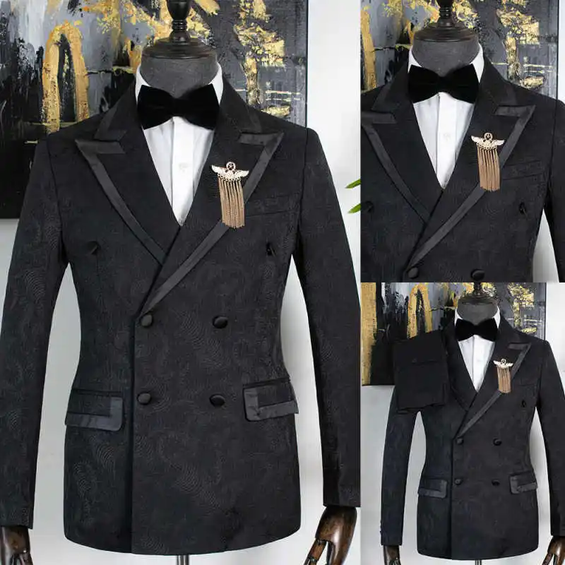 

Vintage Floral Jacquard Men's Suit Coat Peaked Lapel Double Breasted Tuxedos For Wedding Groom Wear Prom Only Blazer Customized