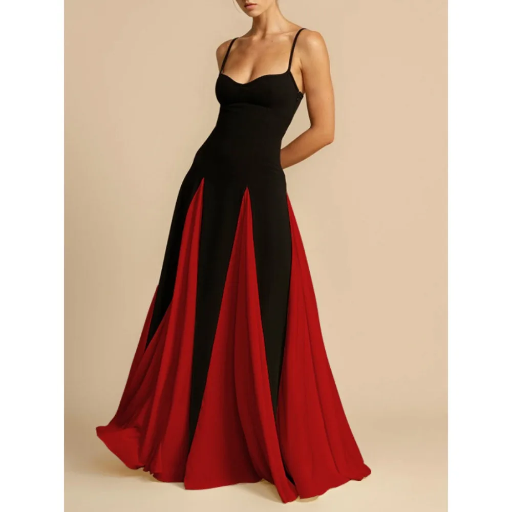 Women Off Shoulder Spaghetti Strap Evening Dress Sexy Splice Flare Hem Club Party Gown Elegant Trendy Night Out Date New