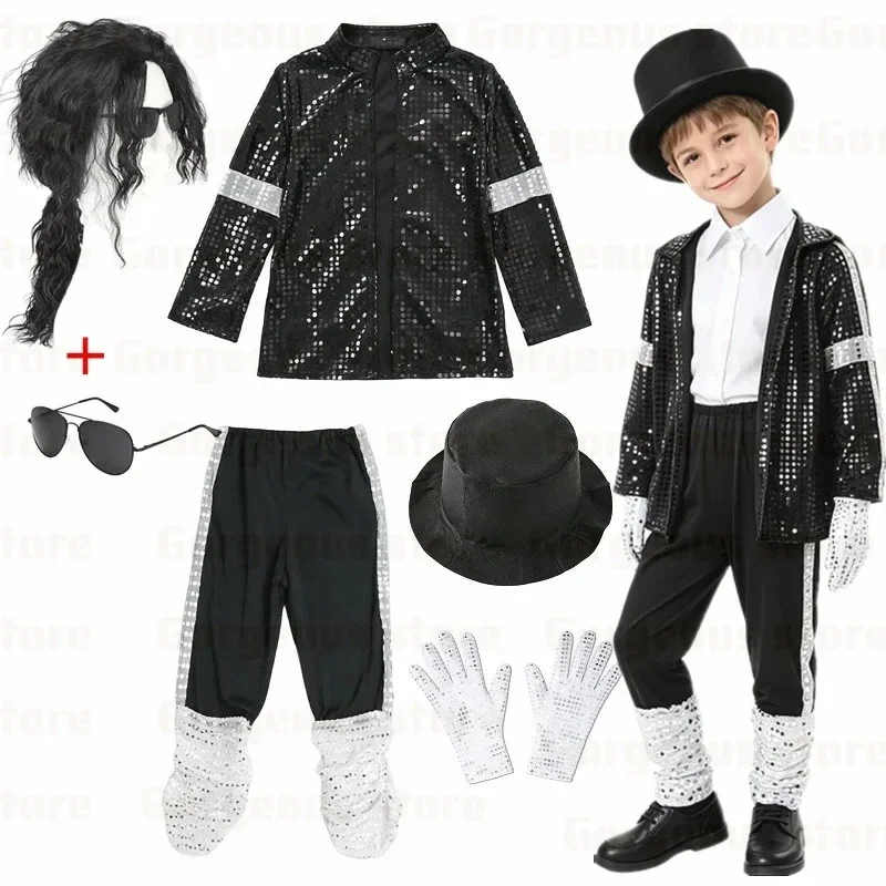 Boys 70s 80s Pop Rock Superstar Costume Jackson Moonwalk Retro Clothes Set for Halloween Cosplay Stage Performance Dance Outfits - view 3