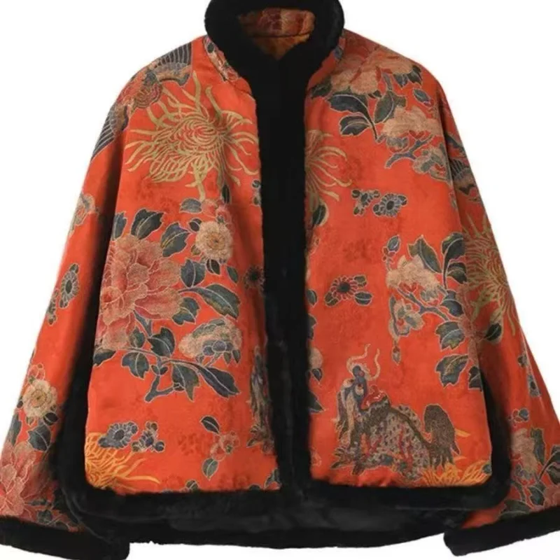 النمط الصيني الرجعية الأزهار طباعة سترة المرأة الخريف الشتاء فضفاضة رشاقته المرأة أبلى معطف القطن عادية كم طويل #2