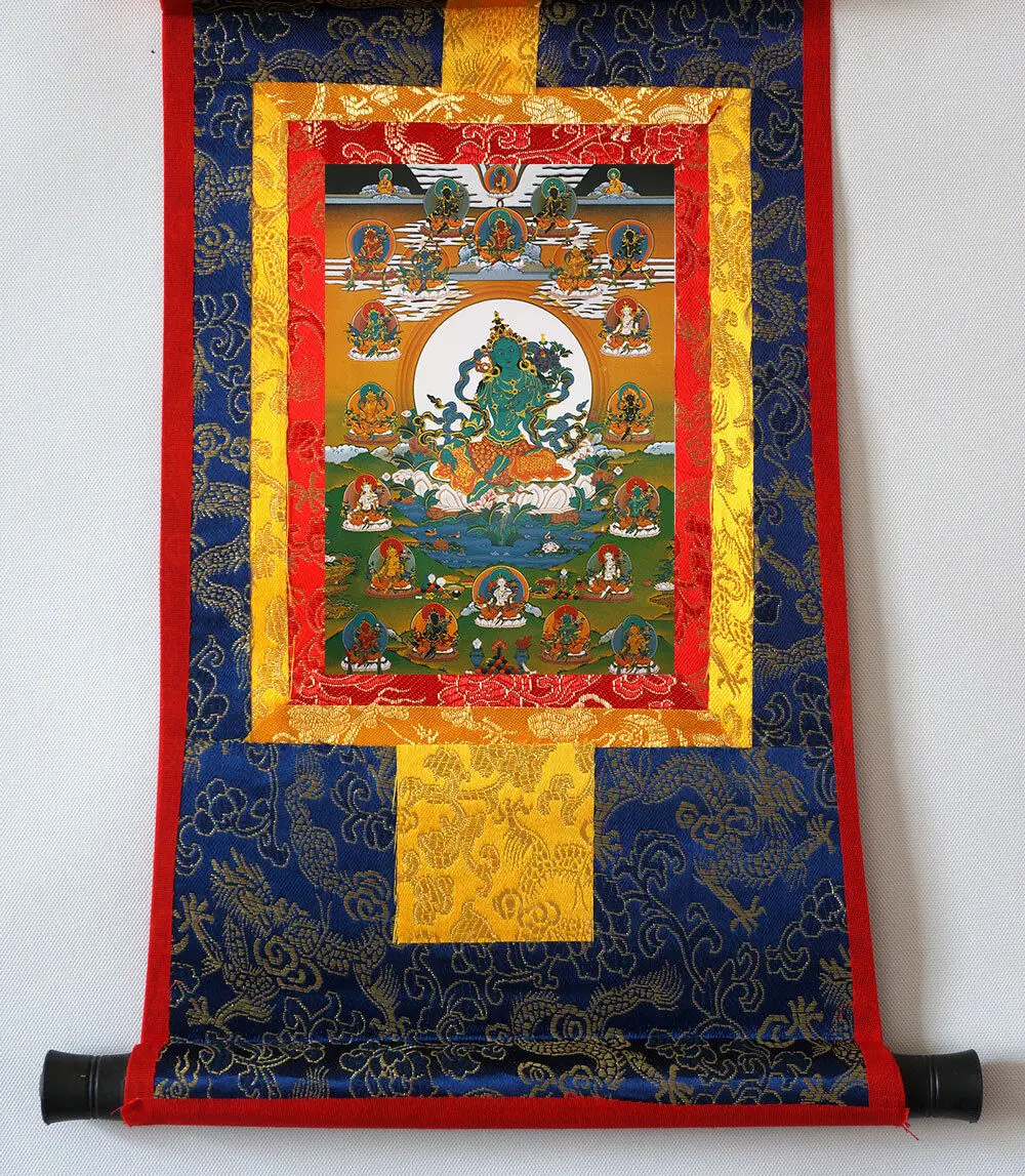 

14" SILK BROCADED BLESSED FINE WOOD SCROLL TIBETAN THANGKA: GREEN TARA 21 TARA -