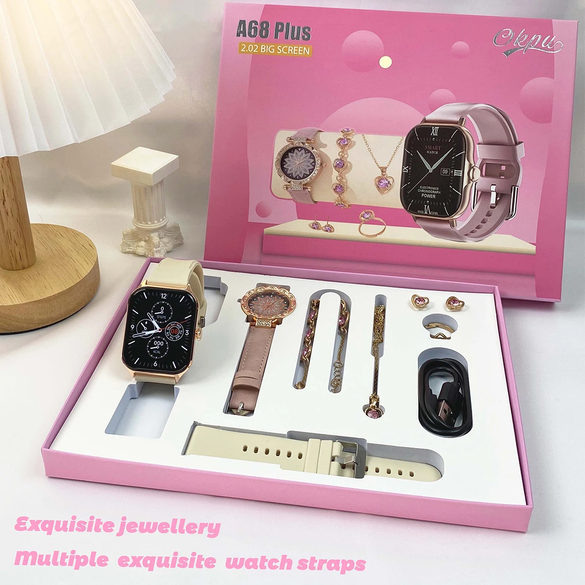 Fashion Smart Watch Gift Box Set + Diamond Quartz Watch + Necklace + Earrings + Ring + Bracelet