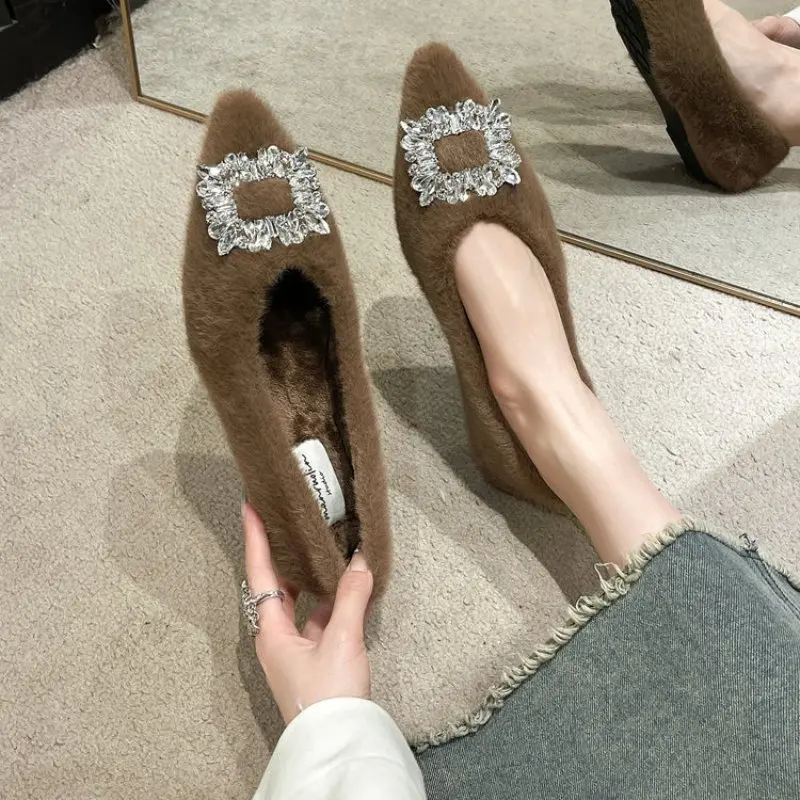 Spring Fall Rhinestone Buckle Flats Women Rabbit Fur Shoes Winter Warm Ballets Ladies Pointed Toe Cotton Furry Mocasines Mujer